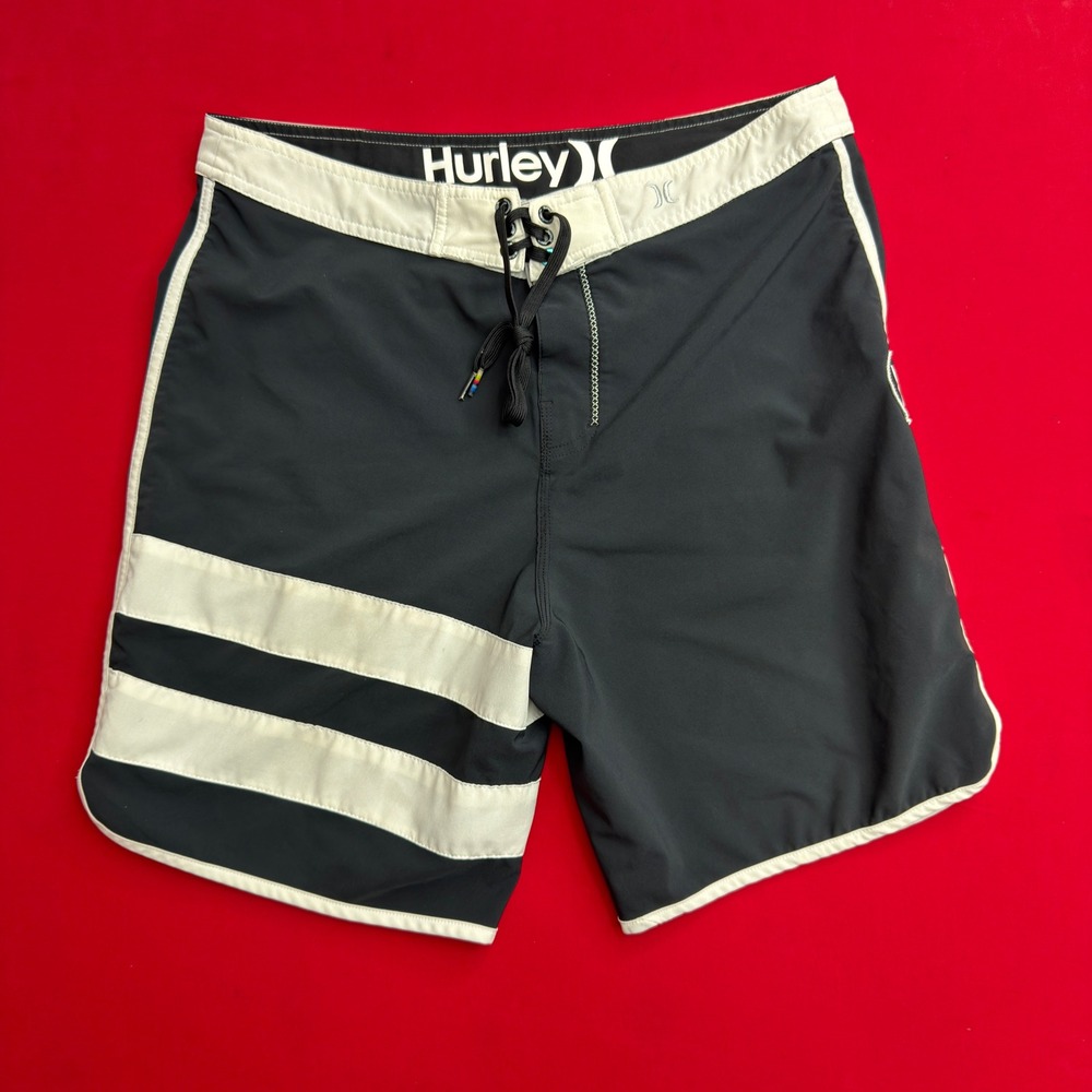 Hurley Phantom Board Shorts Men 34 Black White Striped Swim Trunks not billabong
